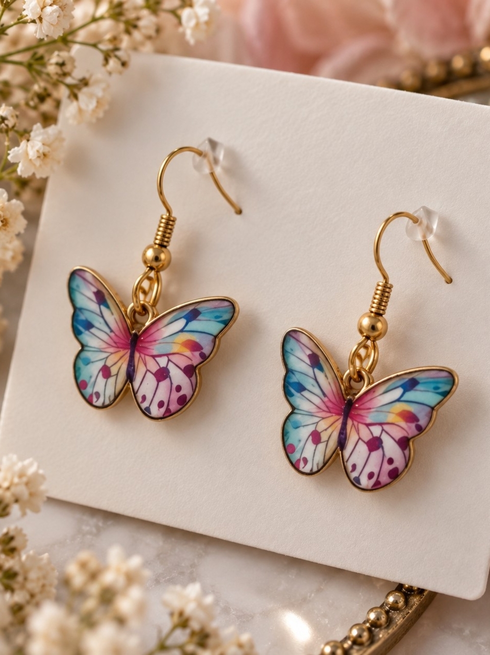 Gold Pastel Butterfly Drop Earrings in Multicolor – New